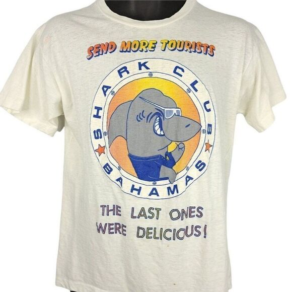 Shark Attack T Shirt Vintage 80s Bahamas Shark Club Send More Tourists Medium - Picture 1 of 8